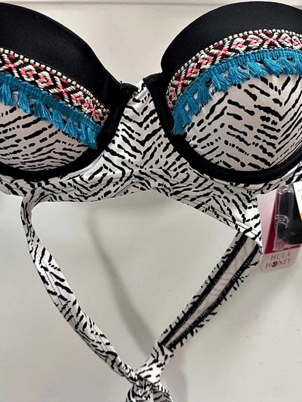 Hula Honey Push-Up Fringe Bikini Top in Black & White NWT
